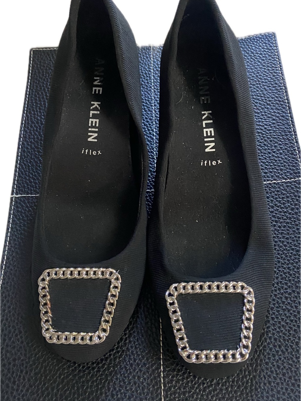 Anne Klein Iflex Sz 6.5 Black Wedge Pumps with Decorative Silver Buckle